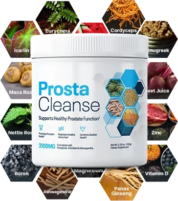ProstaCleanse bottle surrounded by its key ingredients